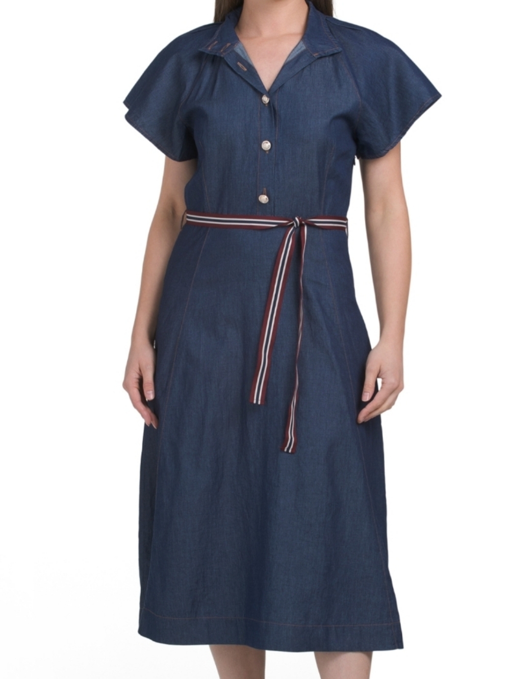 NWT - Linea Moda Made in Italy Cotton Denim Midi Dress with Ribbon Belt - Size L